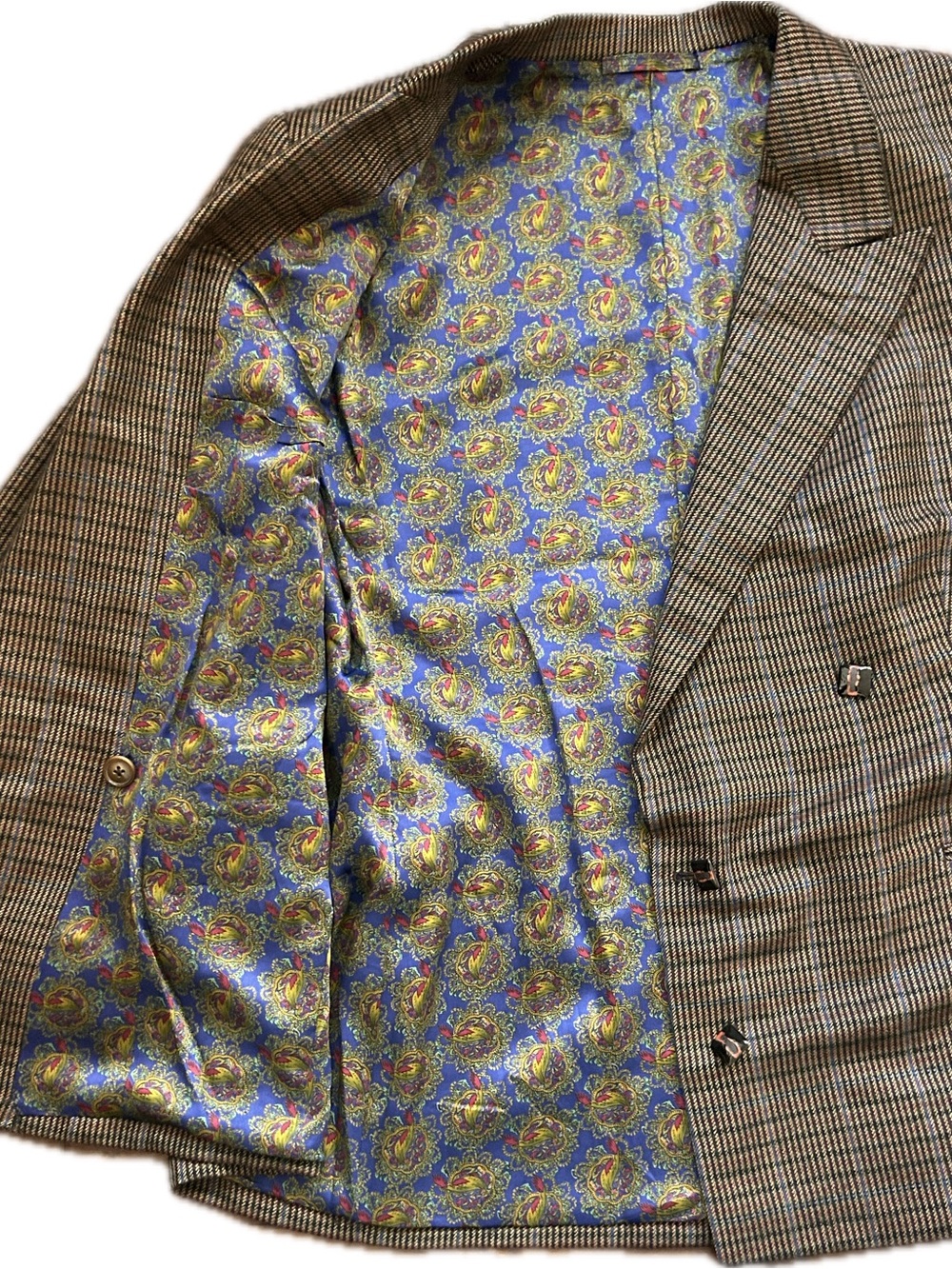Vintage Glen Plaid Double-Breasted Sport Coat w/Blue Silk Peacock Print Lining